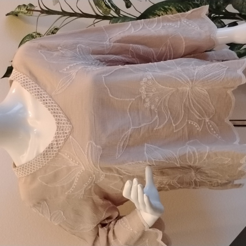 Alfred Dunner Beige Cotton Top with Classic White Embroidery